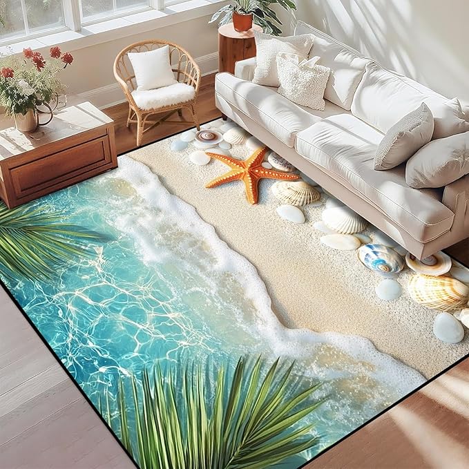 3'x5' Beach Rug Starfish Seashell Area Rugs for Entryway Bedroom Living Room Kitchen Home Decor Ocean Sea Wave Carpt 3D Non Slip Washable Throw Rug Coastal Seaside Floor Mat