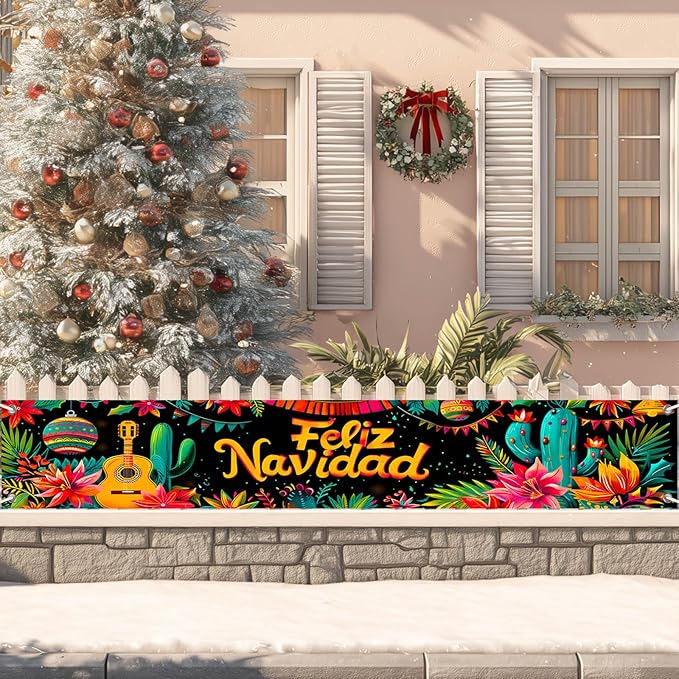 Feliz Navidad Banner 118 x 20 Inch Mexican Christmas Backdrop with Guitar Cactus Poinsettia Flowers Large Holiday Party Wall Decoration for Outdoor Fence Yard Porch Photography