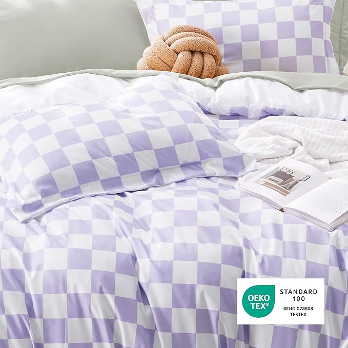 Bedsure Duvet Cover Queen Size - Reversible Checkered Duvet Cover Set with Zipper Closure, 3 Pieces Purple Bedding Set with 8 Corner Ties and 2 Pillow Shams 20"x26"