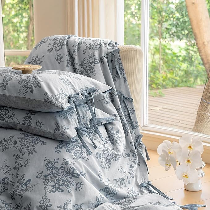 VM VOUGEMARKET Duvet Cover Set King Size Linen Cotton Yarn-Dyed Duvet Cover,Jacquard Garden Floral Pattern Monet Style 3Pieces Bedding Set,Navy Blue
