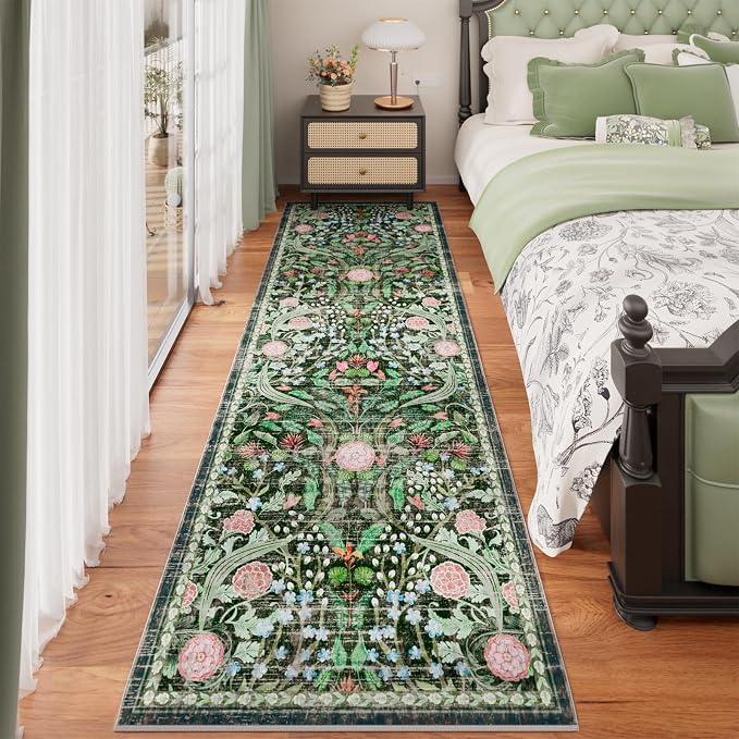 AMTOVO 2.7x8 Runner Rug for Hallway, Washable Non-Slip Long Kitchen Carpet, Floral Vintage Distressed Floor Mat for Hallways Entryway Living Room Laundry Room Bathroom Farmhouse, Dark Green