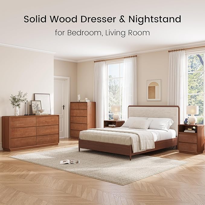 Solid Wood Dresser for Bedroom, Natural Solid Wood 6 Drawer Dresser,55.2" Wide Mid Century Modern Chest of Drawers, Closet Storage Organizer for Living Room, Bedroom