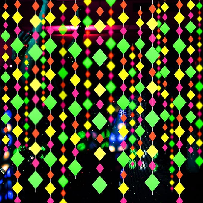 110feet Neon Paper Garland Neon Streamers Hollowed Star Black Light Neon Decorations Glow Party UV Reactive Neon Party Favors Glow in The Dark Party Supplies for Party Wedding Birthday Garlands