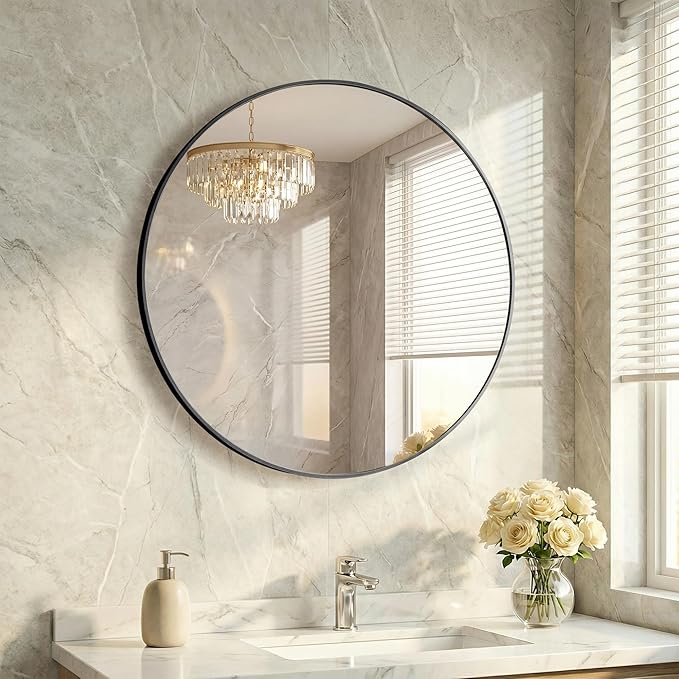 20 Inch Black Round Bathroom Wall Mirror, Round Mirrors for Wall Decor, Circle Mirror for with HD Shatter-Proof Glass for Entryway, Living Room, Bedroom, Dressing Room, Home Decor