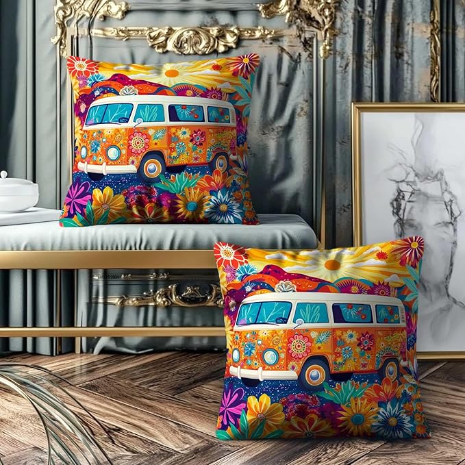 Hippie Van Throw Pillow Covers 18x18 Set of 2 | Home Decor Retro 1960s Cushion Cases with Zipper | Decorative Pillowcases for Couch, Sofa, Living Room and Bedroom