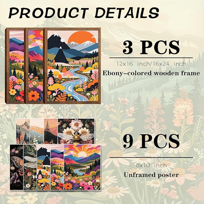 Nature Landscape Boho Wall Art Set of 3 12x16In Wood Framed,with 9 Bonus 8x10 Posters Prints, Abstract Ridge River Sunset Floral Canvas Paintings for Living Room Bedroom Office