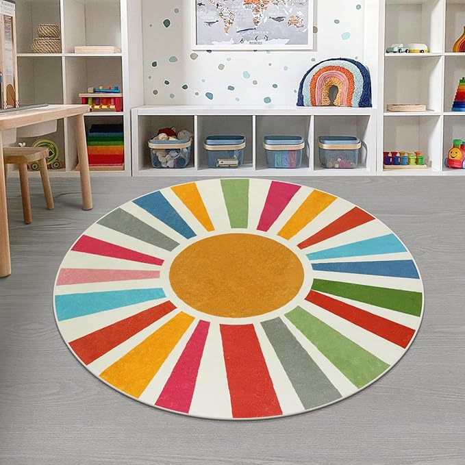 STARUIA Round Boho Rug 6 Ft Washable Round Area Rug for Playroom, Sunshine Circle Rug for Kids Room, Non-Slip Circluar Rainbow Carpet Soft Large Kids Rug for Classroom Dorm Bedroom