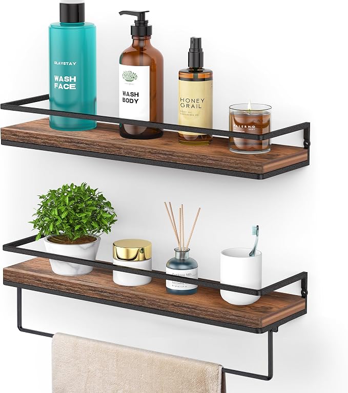 Meangood Floating Shelves Wall Mounted Set of 2, Towel Bar Rustic Wood Wall Storage Shelves for Bedroom,Living Room,Bathroom, Kitchen Rustic Brown
