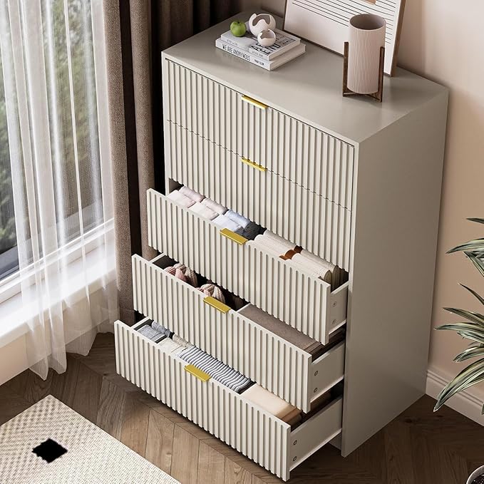3-Piece Dresser Bedroom Set, 5 Drawer Dresser & 3 Drawer Nightstands with Gold Handles, Fluted Wood Chest of Drawers for Bedroom, Living Room, Entryway, Beige