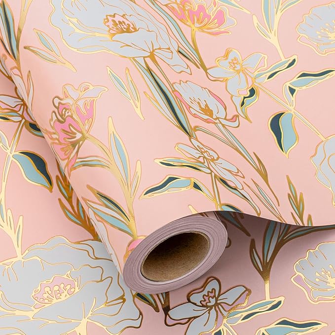 Merture Floral Wrapping Paper Roll - 17 In X 32.8 Ft - 1 Roll (46.5 sqft.ttl.) Pink Wedding Wrapping Paper Gift Wrap paper for Wedding, Bridal Shower，Valentines Day, Mothers Day, Birthday, Christmas
