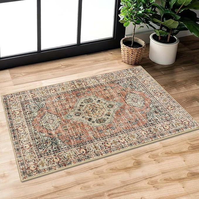 Lahome Oriental Door Mat Indoor Entrance, 2x3 Washable Fall Indoor Rugs for Entryway Soft Small Kitchen Rugs Non Slip Ultra-Thin, Vintage Door Mat Carpet for Bedroom Bathroom, Peach/Orange