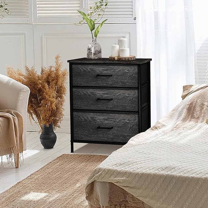 Sorbus Nightstand Dresser with 3 Faux Wood Drawers - Bedside Table Chest with Storage, Steel Frame, Wood Top, Easy Pull Fabric Bins for Bedroom, Living Room, Closet & Dorm Furniture Lamp Stand