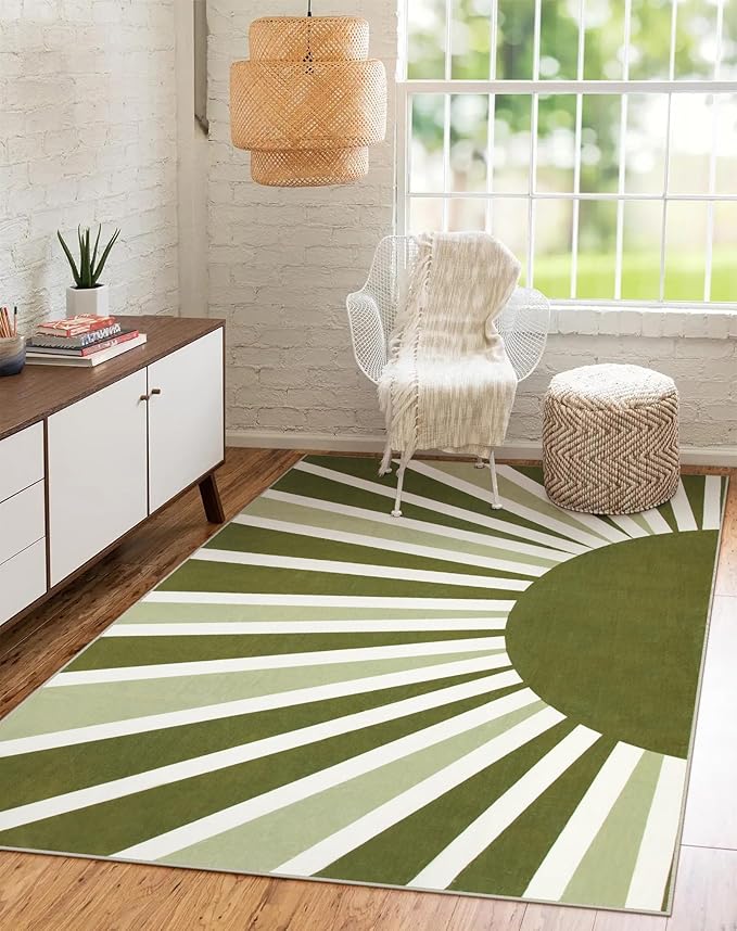 Lahome Green Area Rug: 5'x7 'Ultra-Thin Machine Washable & Non-Slip with Cute Boho Rainbow Sun Print for Living Room, Nursery, Bedroom, Entryway & Office