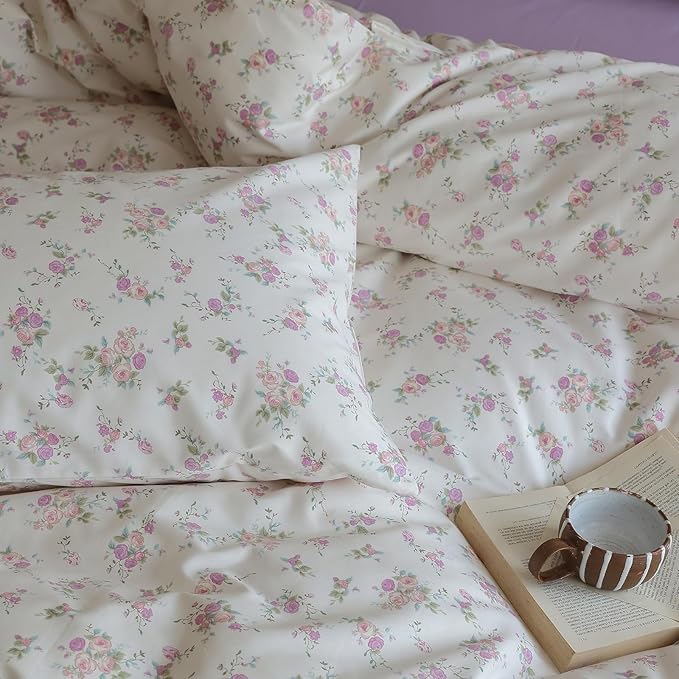 HighBuy Garden Style Floral Queen Comforter Set Lilac Floral Fluffy Soft Cute Flower Bedding Set for Girls Women Vintage Style Botanical Comforter Set,1 Queen Comforter with 2 Pillowcases