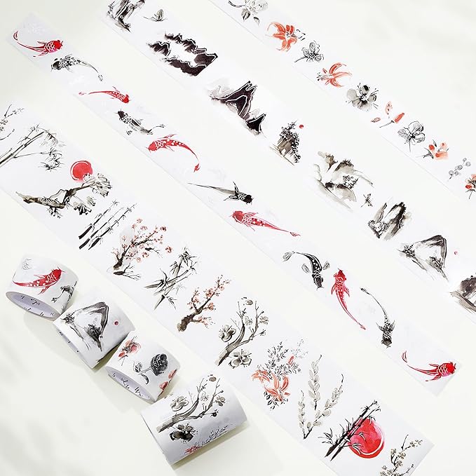 WT Ink Tranquility Washi Tape Sticker Set, 4 Rolls, Original Designs, Eastern Watercolor Koi Fish, Black & Red, Silver Foil Decorative Stickers for Bujo, Planner, Journals, DIY Crafts