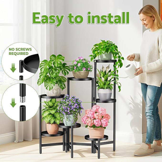 7 Tiers Plant Stand Indoor for Multiple Large Planter, Tall Tiered Folding Plant Rack Outdoor with Rustproof 10 Inch Wide Tray, Plant Shelf for Corner Living Room - BlackDisk