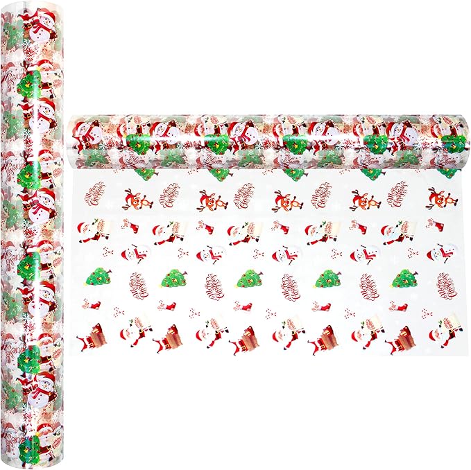 AnapoliZ Christmas Cellophane Wrap Roll | 100’ Ft Long X 16” in. Wide | 2.3 Mil Crystal Clear Merry Christmas Cellophane | Gifts, Baskets, Treats Wrapping Paper | Santa, Snowman, Reindeer Cello Roll