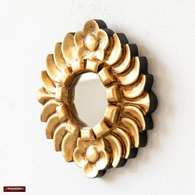 Peruvian Accent Mirror 6" - Small Round Gold Wall Decor - Hand-Carved Sunburst Mirror with Bronze Leaf - Unique (Gold)