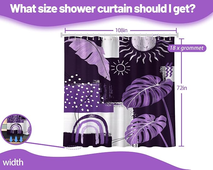 Extra Long Shower Curtain Extra Tall Boho XL Dark Purple Shower Curtains for Large Bathroom Decor Sets, Waterproof Cloth Fabric with Hooks, 108x72 Inch