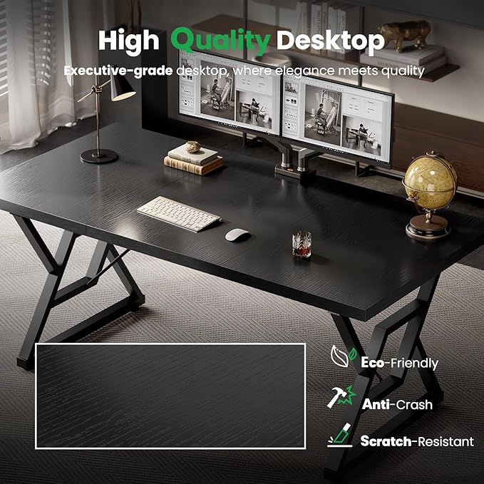 70.8" Large Executive Desk - Computer Office Desk Workstation, Modern Business Writing Table with Sturdy Metal Legs for Home Office (Black/Black)