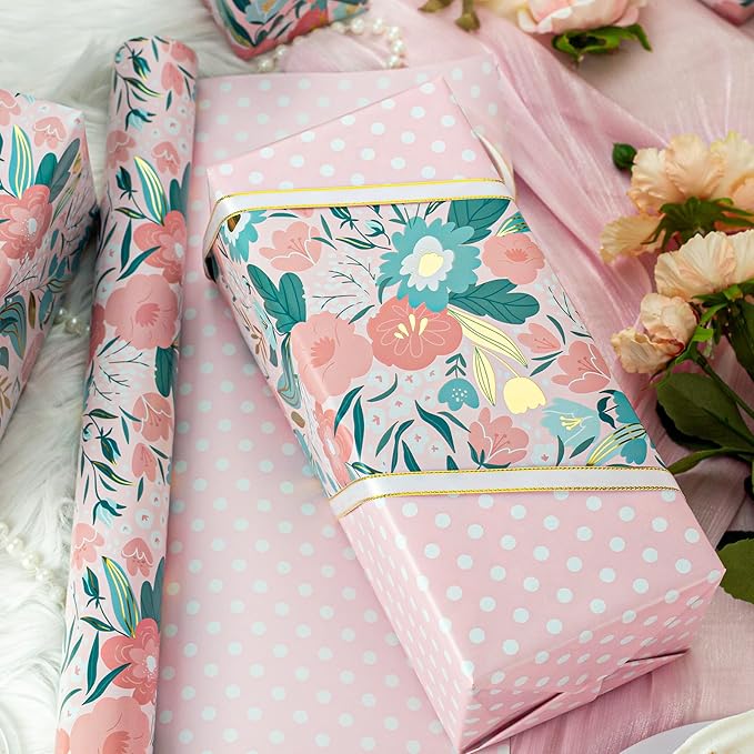 Burymento Pink Flower Wrapping Paper, Reversible Pink Dot Design Gift Wrap for Baby Shower, Birthday, Valentines, Mothers day, Graduation, Wedding, Fathers day, Christmas (17 Inch X 32.8 Feet)
