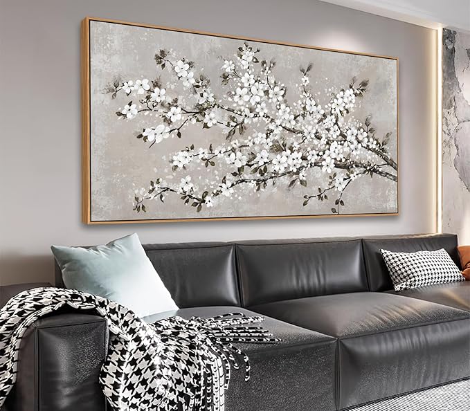 VEAEE White Blossom Branches Wall Art, Floral Canvas Prints, Living Room Decor Abstract Flowers Painting Canvas Pictues, Contemporary Artwork Bedroom Office Kitchen Wall Decor Ready to Hang 20"x40"