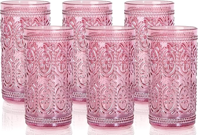 Darlion 6 Pack Pink Glassware Drinking, 12oz Highball Embossed Beverage Glass Cup, Vintage Drinking Glasses, Colored Water Glasses for Party Wedding Home Office and Gift