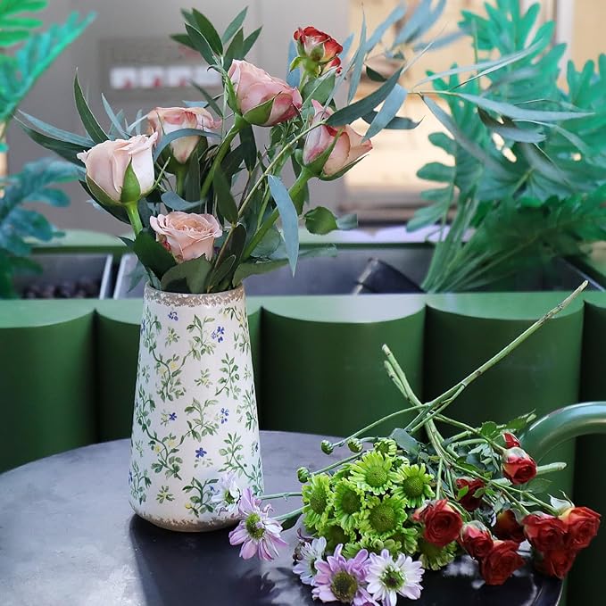 Vintage Ceramic Flower Vase with Floral Crackle Glaze, Rustic Farmhouse Decorative Vase for Home Décor, Table Centerpiece for Mother’s Day, Birthday, or Housewarming
