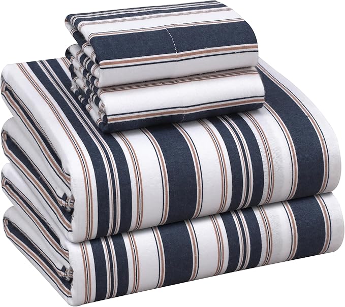 RUVANTI Flannel Sheets Full Size - 100% Cotton Double Brushed Bed Sheets Set, Deep Pockets 16 Inches, All Seasons Breathable & Extra Soft Full Sheets, Warm & Cozy, 4 Piece, Maritime Stripe