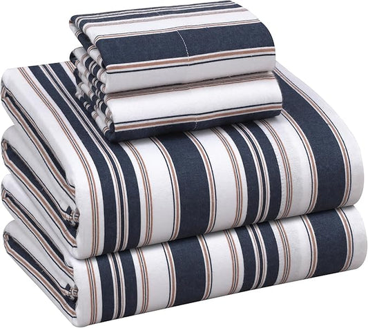 RUVANTI Flannel Sheets Full Size - 100% Cotton Double Brushed Bed Sheets Set, Deep Pockets 16 Inches, All Seasons Breathable & Extra Soft Full Sheets, Warm & Cozy, 4 Piece, Maritime Stripe