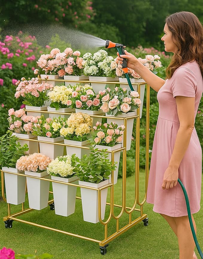 Flower Display Stand Frame, 4-Tier Flower Cart with Wheels, Metal Floral Display Rack , Moving Florist Bouquet Shelf for Shop ,Flower Bar, Events (Gold - 4 Tier) ,Without Flower Buckets