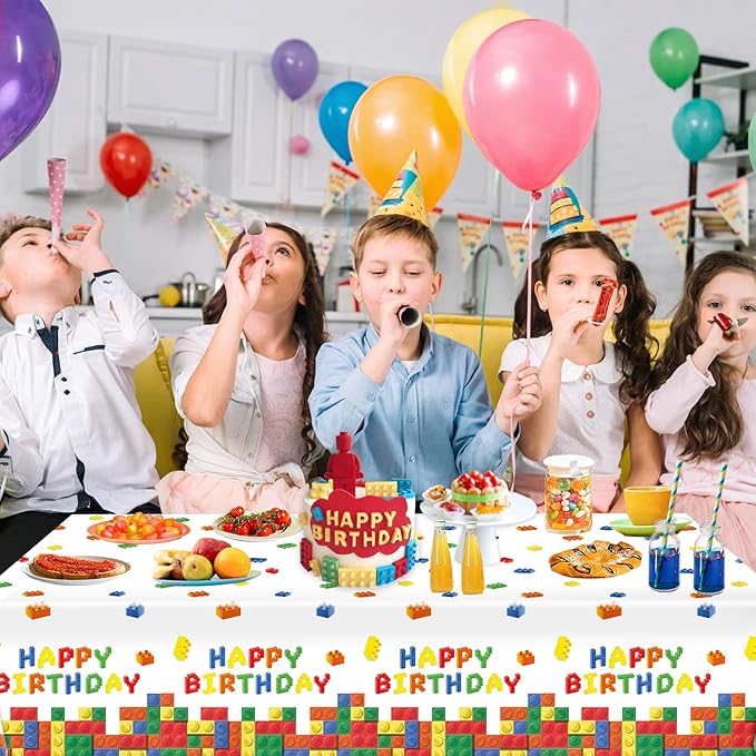 3 Pack Building Block Party Tablecloth Building Block Disposable Plastic Table Cover for Children Kids Blocks Birthday Party Supplies, 54 x 108 Inch