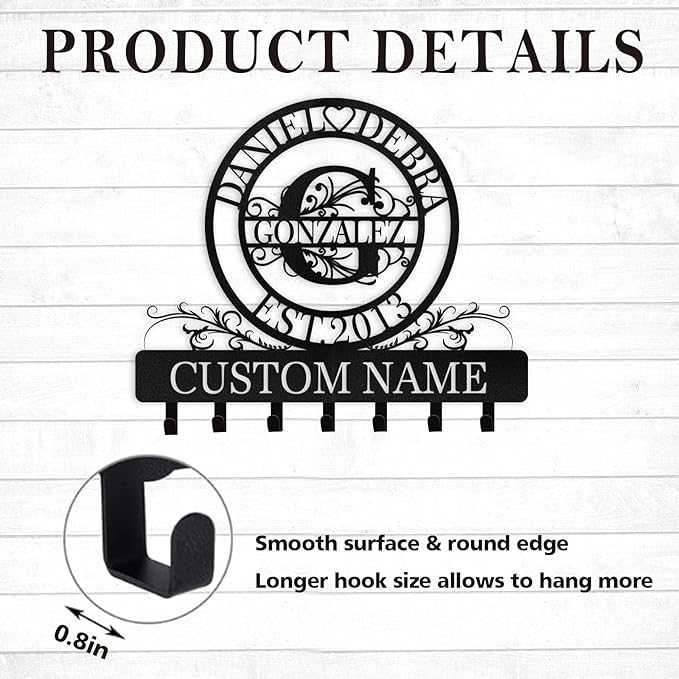 Kotagi Personalized Metal Key Holder for Wall, Custom Family Name Key Rack Holder Wall Mount, Metal Key Hooks with Monogram Design, Key Hanger for Hallway Bedroom, Anniversary Couple Gift