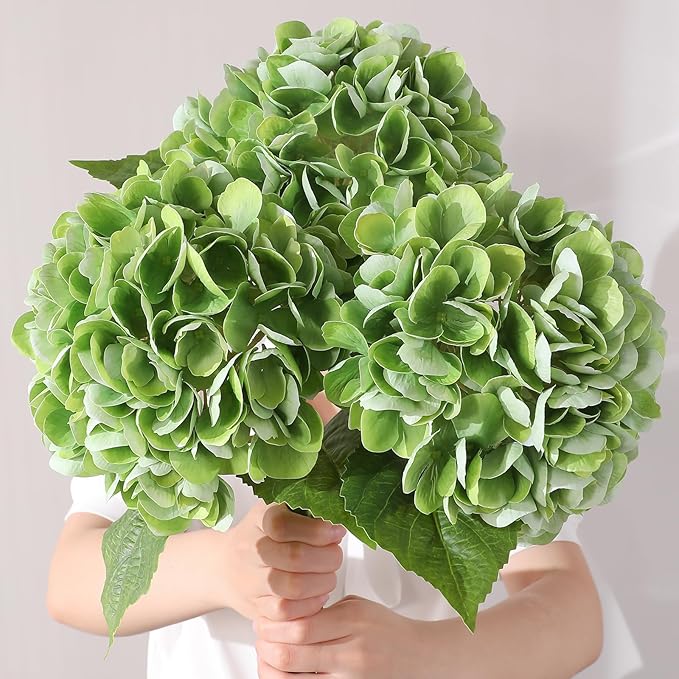3Pcs Hydrangea Artificial Flowers, 22.44" Real Touch Latex Faux Hydrangea with Long Stems & Leaves for Home Office Decor or Wedding, Party, Centerpieces, Floral Arrangements (Green)