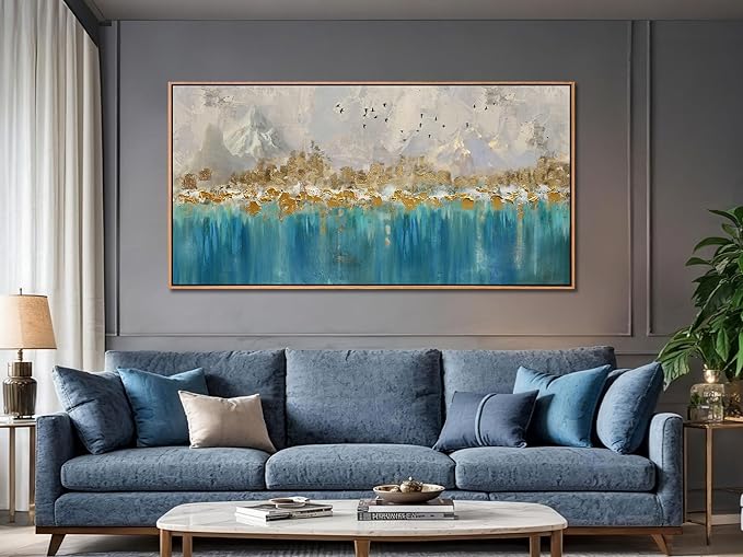Arjun Framed Abstract Wall Art for Living Room Gold Blue Textured Large Canvas Art Wall Decor Bedroom Painting, Modern Picture Grey Mountain Artwork Home Office Wall Decoration, 48"x24"