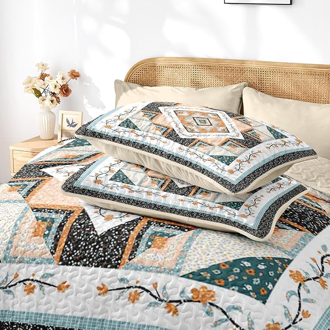 Quilt Set King Size, Farmhouse Floral 3 Pcs Soft Bed Cover Bedding Set, Boho Rustic Geometric Lightweight Bedspread Coverlet with 2 Pillow Sham for All Season