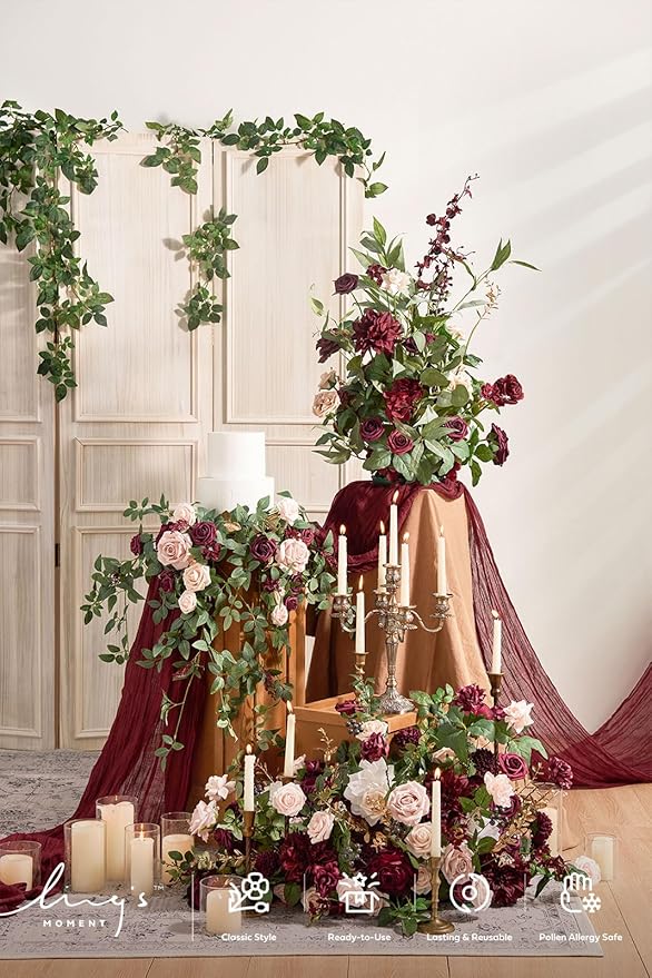 Ling's Moment 41" Tall Fall Free Standing Artificial Flowers Arrangements 2pcs Wedding Arch Altar Stage Decorations Romantic Marsala For Ceremony Reception Rose Floral Party Outdoor Centerpieces Decor