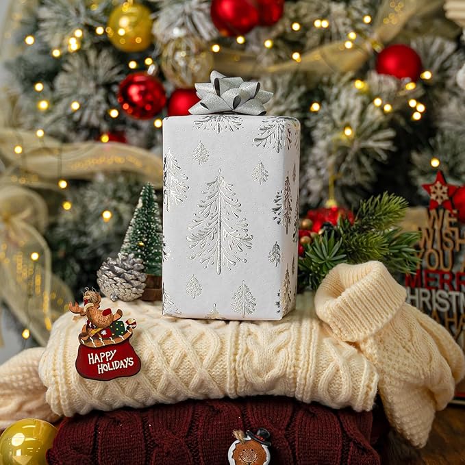 Flyhill Kraft Christmas Wrapping Paper,Silver Gold 3D Embossed Foil Christmas Tree with Woodlands Wrap Paper for Holiday, Party,Celebration, New Year (17 Inch X 32.8 Feet)