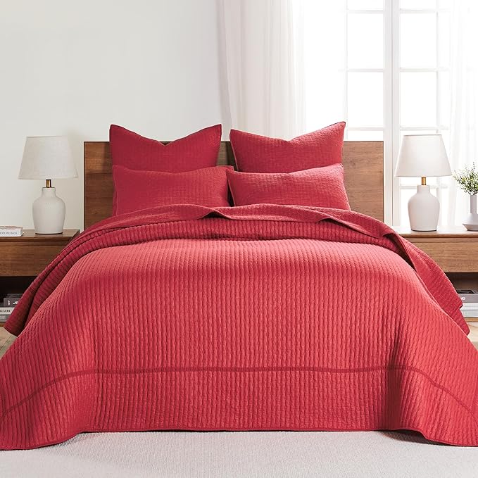 Levtex Home Cross Stitch Reversible Twin Bedspread Set (84x104in) with 1 Pillow Sham (26x20in) - Stitch Texture - Chile Red - Cotton Twin Size Bedspread Set - Lightweight, Soft, Pre-Washed