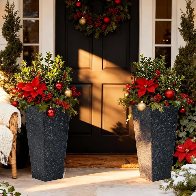 28" Plant Pots Tall Planters for Plants Outdoor Set of 2 Plastic Planter Pot Large Flower Pots Indoor Weather-Resistant for Patio, Porch, Garden, Front Door Christmas Decor Terrazzo Black