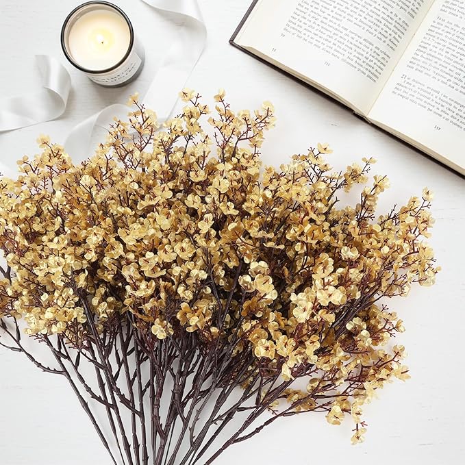 Babys Breath Artificial Flowers, 16 Bundles Gold Real Touch Fake Flowers Silk Flowers for Vase Home Office Wedding Spring Indoor Outdoor Centerpiece Table Party Decorations