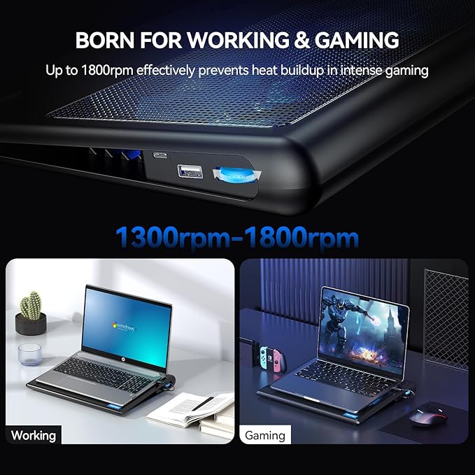 TECKNET Laptop Cooling Pad - 12"-15.6" Laptop Cooler, Powerful Cooler and Ultra Quiet for Gaming Laptops Pad, 2 Wind Speed Adjustable, USB A & C Powered Cooler Stand with Laptops Fan LED (Blue)