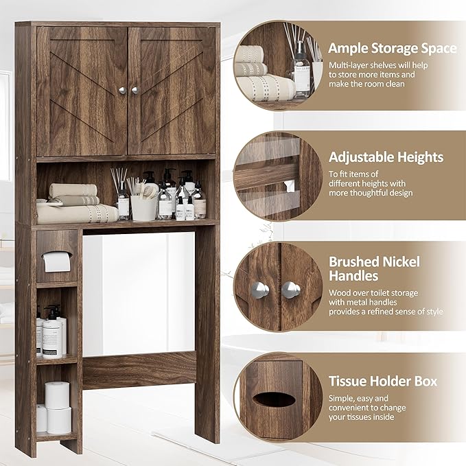 Over Toilet Storage Cabinet with Toilet Paper Holder Stand, Freestanding Bathroom Storage Cabinet, Rustic Farmhouse Bathroom Organizer with Adjustable Shelf & Anti-Tipping, Walnut