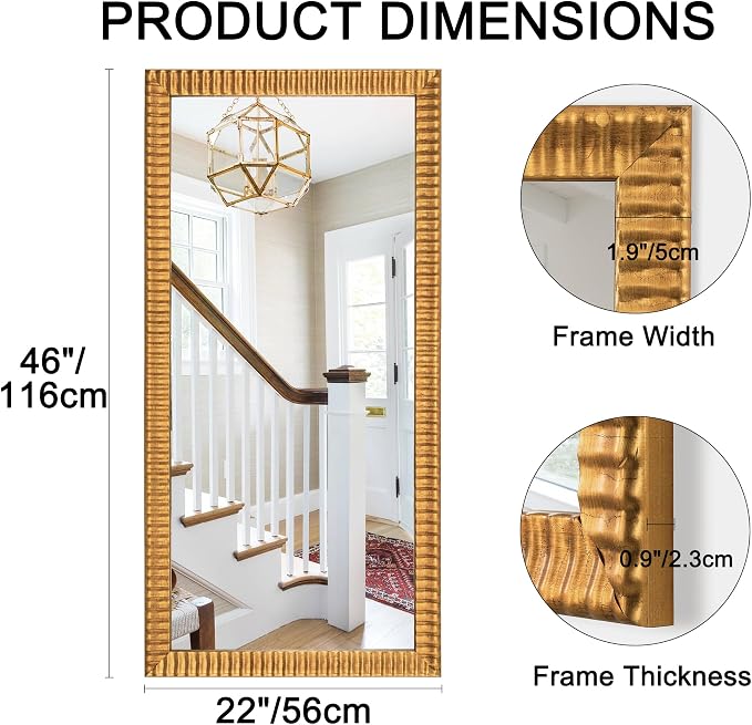Chende 22" x 46" Decorative Wall Mirror for Dining Room Decor, Large Gold Mirror with 3D Wave Wood Carved Frame, Unique Rectangle Wall Decor, Hang Horizontally/Vertically