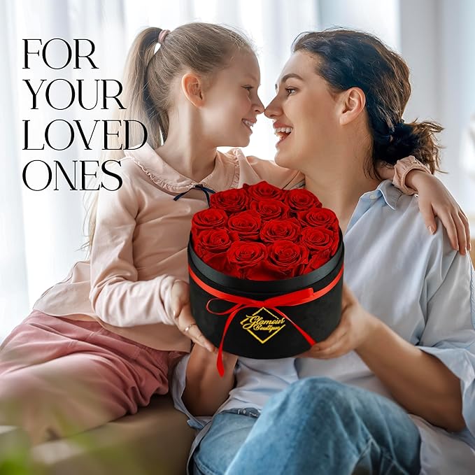 GLAMOUR BOUTIQUE Flowers Forever Gift Box 12 Real Preserved Roses in a Velvet Black Box, Birthday for Her Mom and Wife, Mothers Day, Anniversary, Graduation - Red