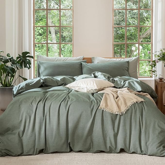 MooMee Bedding Duvet Cover Set 100% Washed Cotton Linen Like Textured Breathable Durable Soft Comfy (Heathered Green, Super King 108"x98")