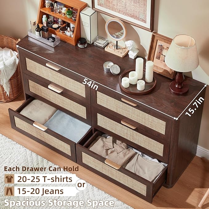 LEYAOYAO Rattan 6 Drawer Dresser for Bedroom, 54" Wide Boho Chest of Drawers, Wooden Dressers TV Stand with Metal Handle, Storage Closet Organizer for Living Room, Hallway, Walnut