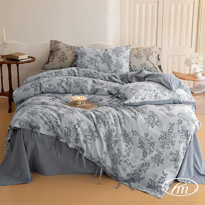 VM VOUGEMARKET Duvet Cover Set King Size Linen Cotton Yarn-Dyed Duvet Cover,Jacquard Garden Floral Pattern Monet Style 3Pieces Bedding Set,Navy Blue