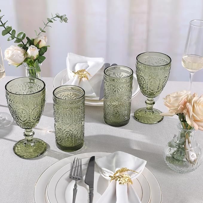 abrwyy Green Drinking Glasses Set of 4, Vintage Drinking Glasses, Colored Glassware Drinking, Highball Beverage Glasses Cup, Vintage Glassware Set for Water, Juice, Cocktail, Coffee