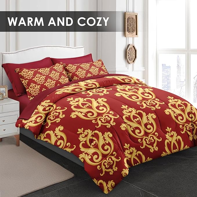 Comforter Set Twin Size, Vintage Floral Gold 5 Pcs Bedding for Kids and Adults, Medieval Burgundy Red Bed Sheet Sets with Fitted Sheet Pillowcase & Sham for Bedroom Bed Decor